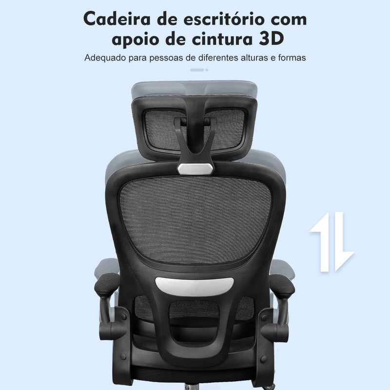 Cadeira de escritório, design ergonômico com suporte lombar independente, malha respirável e encosto de cabeça ajustável (Preto)